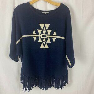 NY Collection Navy Pullover Tribal Print Fringe Sweater‎ Women's Large.